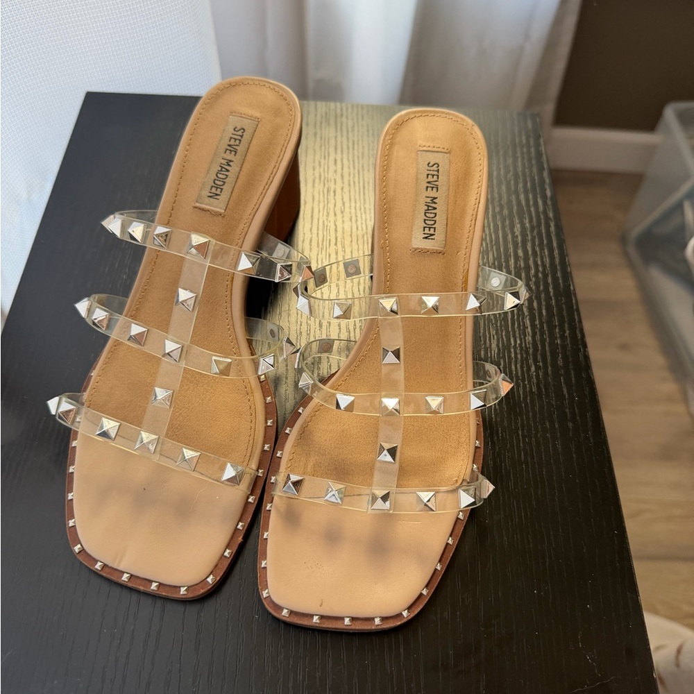 Steve Madden Clear Studded Strappy Slide Sandals - Tan